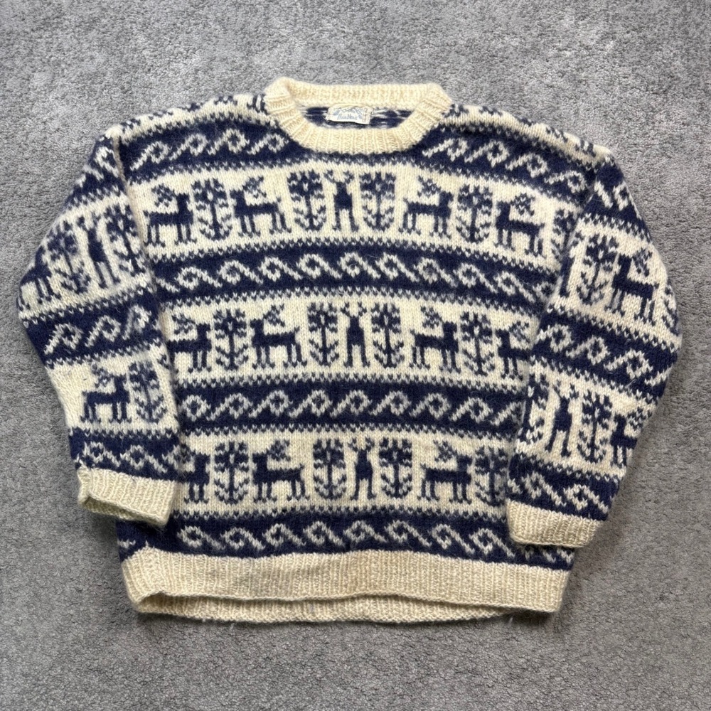 Vintage Handknit Wool Reindeer Fair Isle Sweater Navy Cream XL Nordic Knit